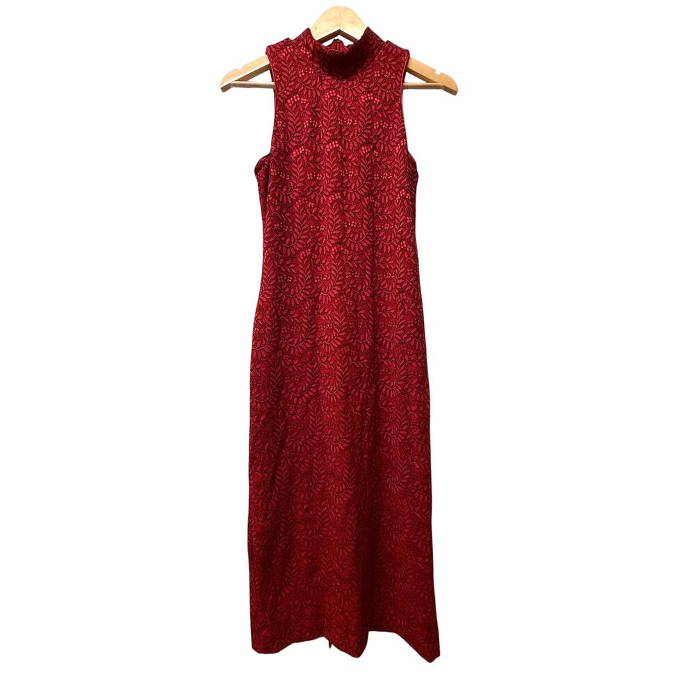 DRESS THE POPULATION red black lace sleeveless mock neck Nora midi maxi dress